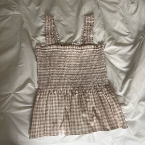 Intermix tan and white gingham peplum top